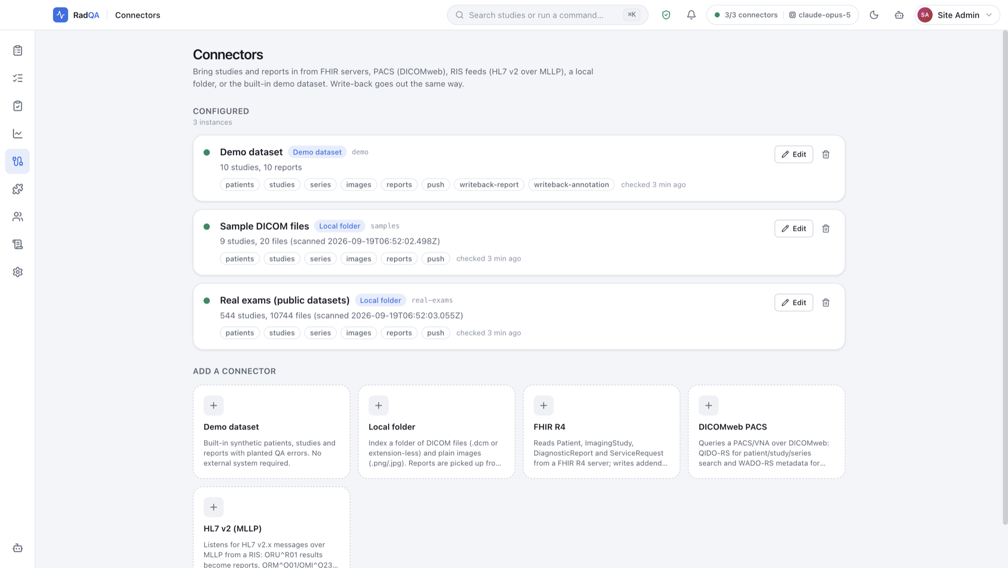 RadQA connectors page listing configured sources and available connector types